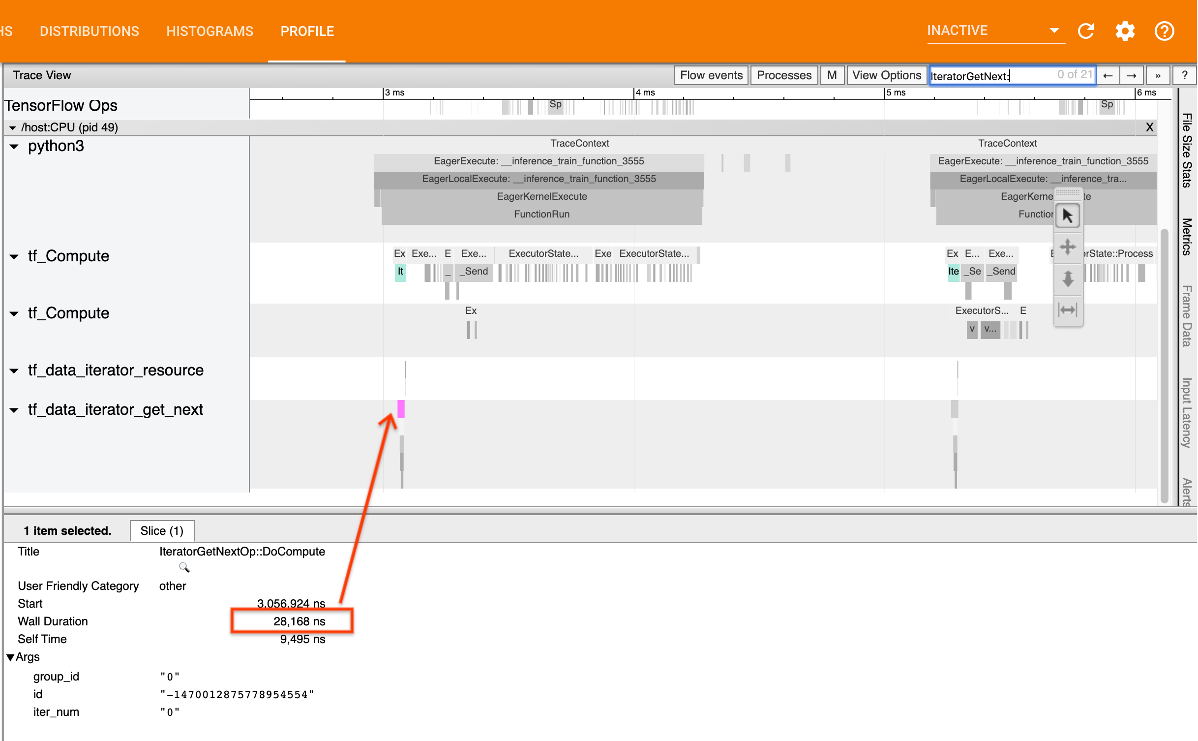 Se suas chamadas IteratorGetNext::DoCompute retornarem rapidamente, `tf.data` não é seu gargalo. image