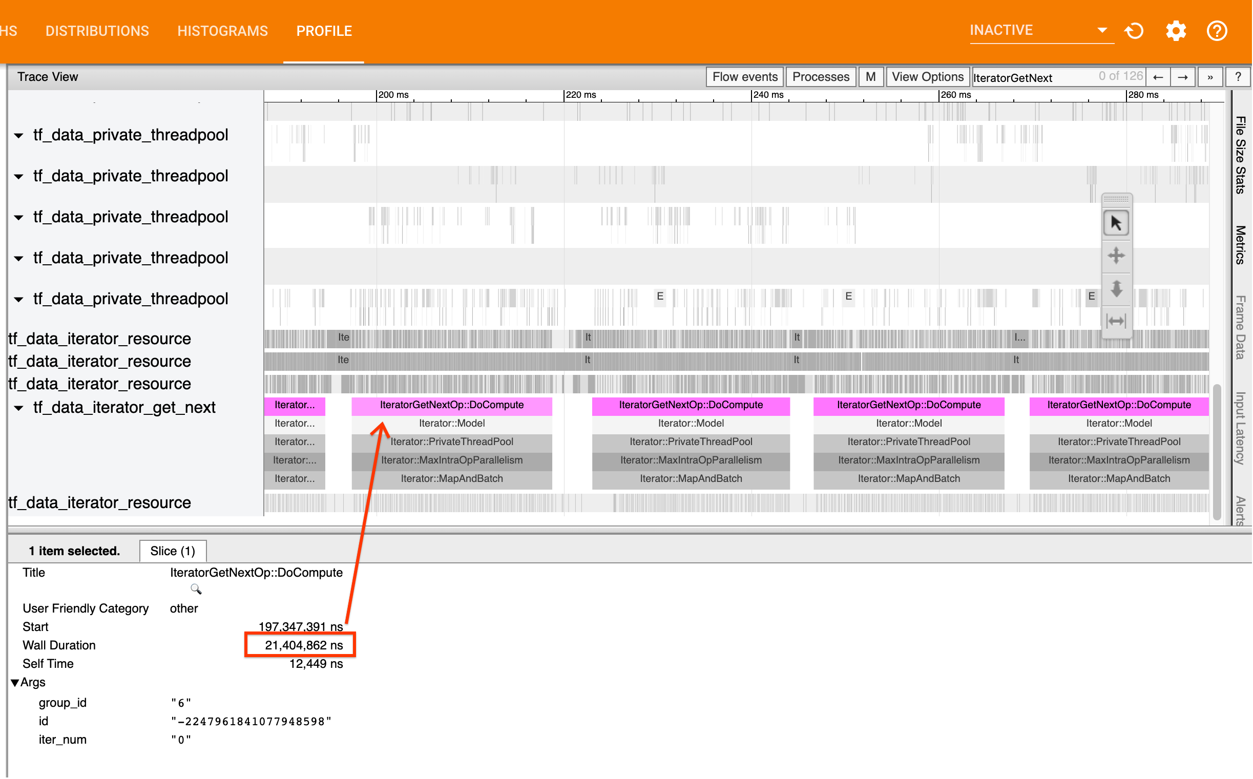 Se suas chamadas IteratorGetNext::DoCompute retornarem lentamente, `tf.data` não está produzindo dados rápido o suficiente. image