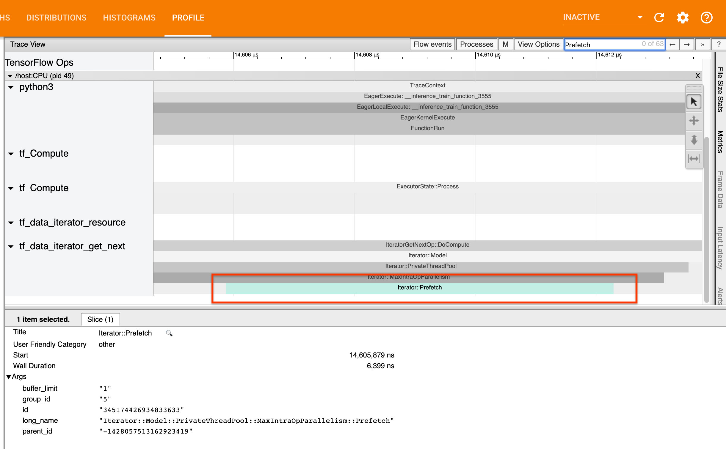 Se stai precaricando i dati, dovresti vedere una porzione `Iterator::Prefetch` nello stesso stack dell'operazione `IteratorGetNext::DoCompute`. image